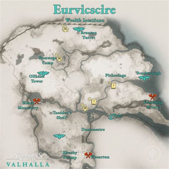 All Assassin’s Creed Valhalla Euriviscire Wealth, Mysteries, and Artifacts locations map