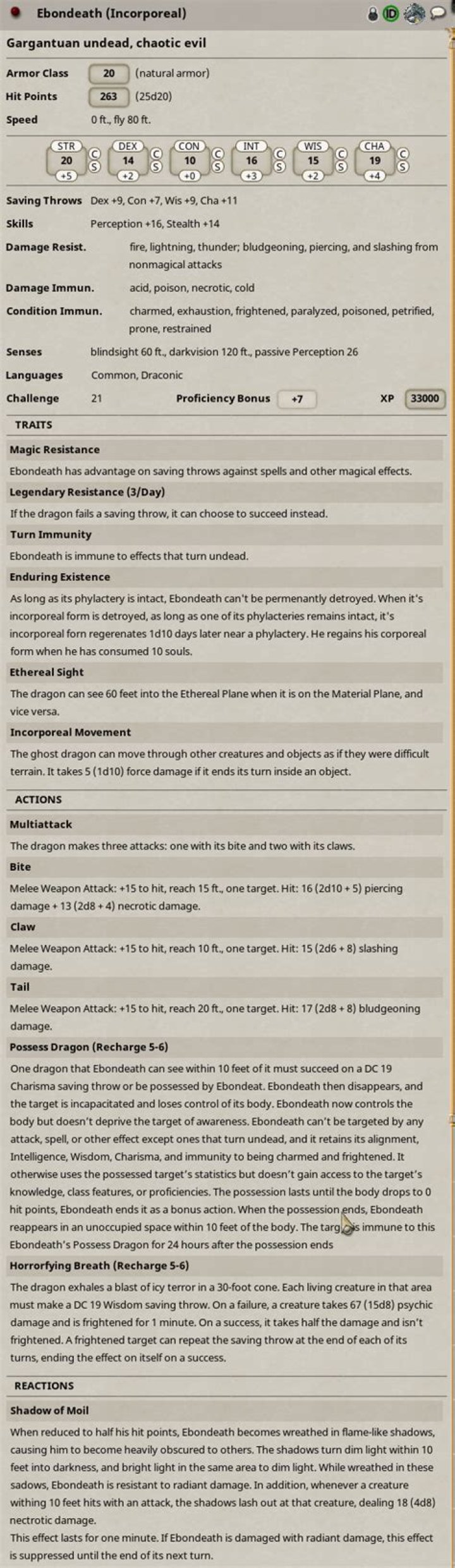 D&D 5E - Ebondeath Stat Block