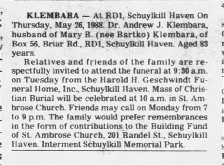 Michael Klembara Obituary Pottsville Pennsylvania, Michael Klembara Has Died