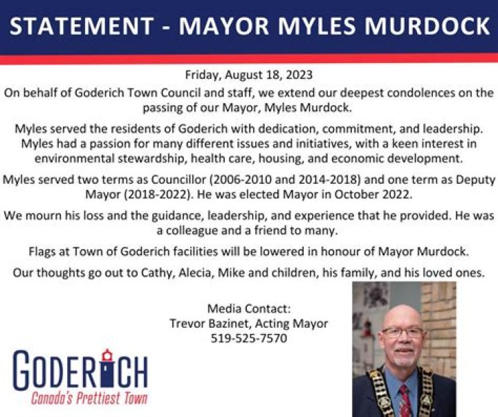 Myles Murdock Obituary Ontario, Mayor Of Goderich Has Died